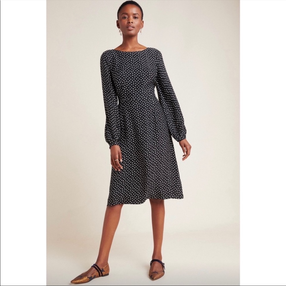NWT Anthropologie Agatha Polka Dot Midi Dress Size 10 Puff Sleeve Cutout Black - Picture 4 of 11